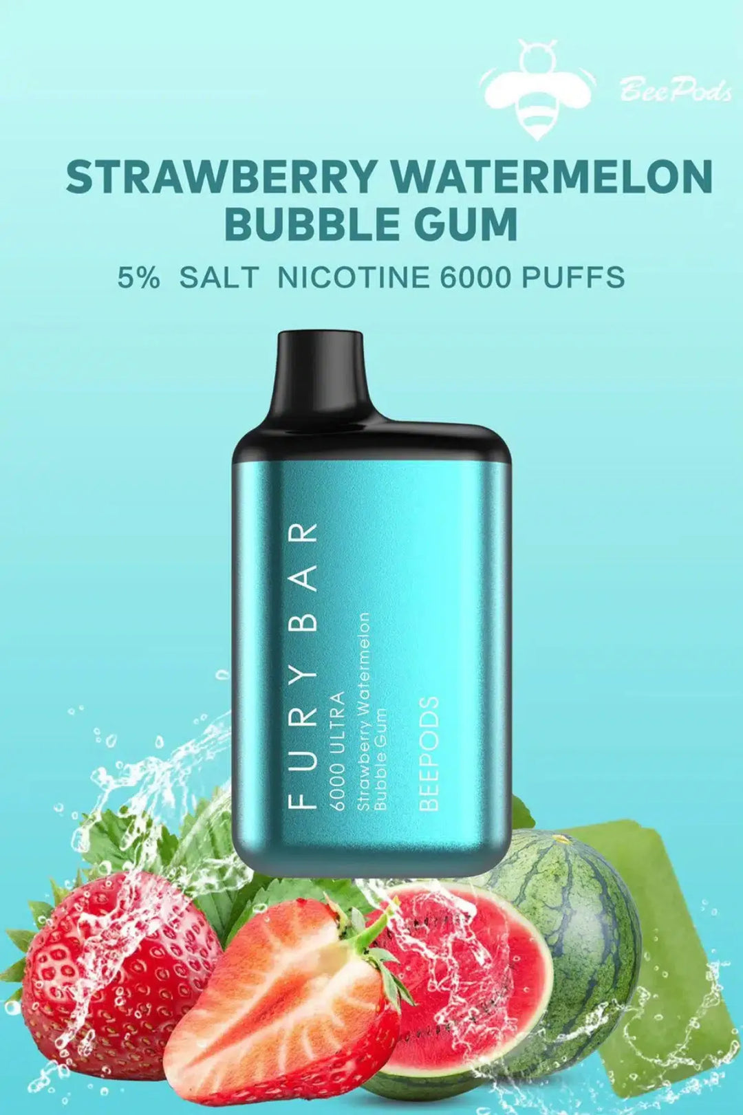 Strawberry Watermelon Bubble Gum - Fury Bar Ultra 6000 Puffs Disposable Vape Bee Pods in Dubai, UAE