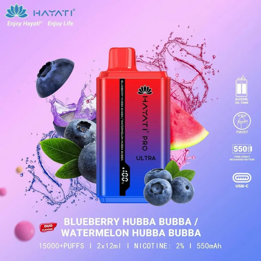 Blueberry Watermelon Hubba Bubba  - HAYATI Pro Ultra 15000 Puffs 20mg Nicotine Disposable Vape in Dubai, UAE