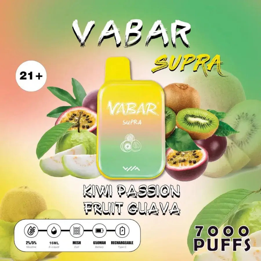 Kiwi Passion Fruit Guava  - Vabar Supra 7000 Puffs Disposable, Rechargeable Vape in Dubai, UAE