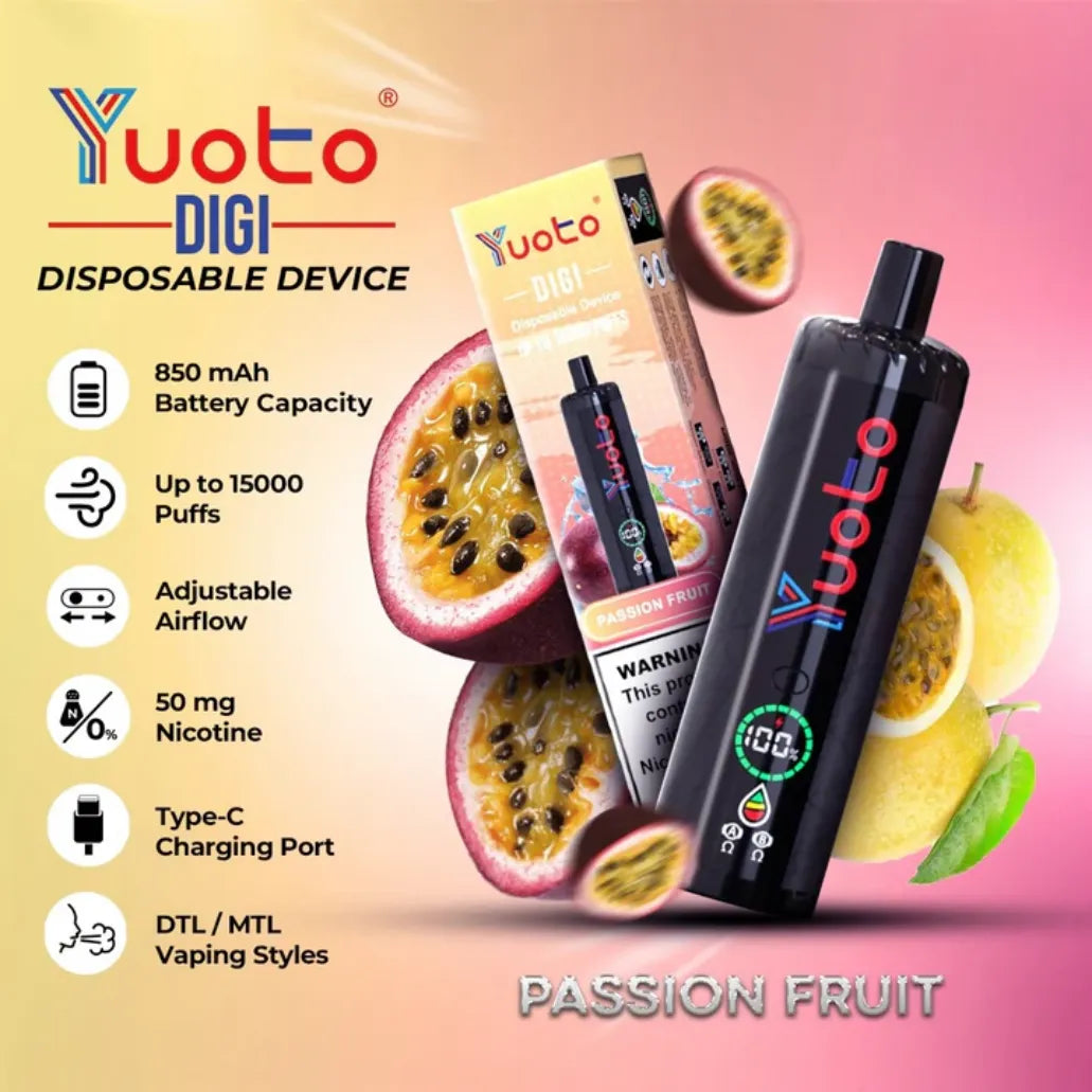 YUOTO Digi 15000 Puffs Passion Fruit  Disposable 50mg Rechargeable Vape in Dubai, UAE