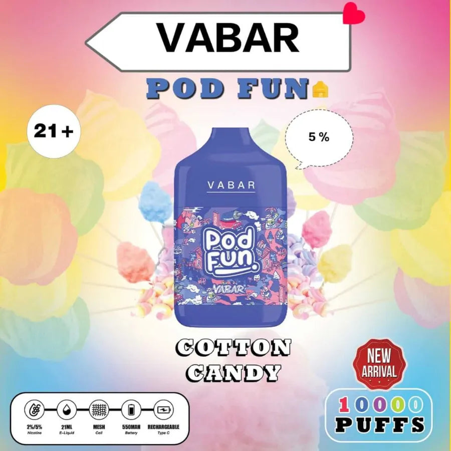 Cotton Candy  - VABAR Pod Fun 10000 Puffs Disposable Rechargeable Vape in Dubai, UAE
