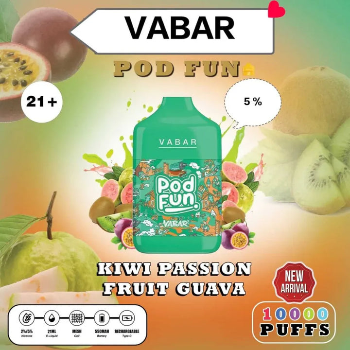 Kiwi Passion Fruit Guava - VABAR Pod Fun 10000 Puffs Disposable Rechargeable Vape in Dubai, UAE