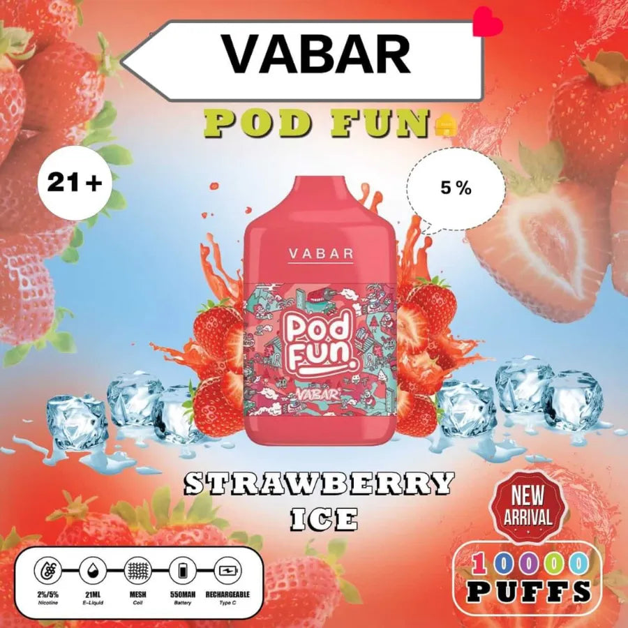 Strawberry Ice - VABAR Pod Fun 10000 Puffs Disposable Rechargeable Vape in Dubai, UAE