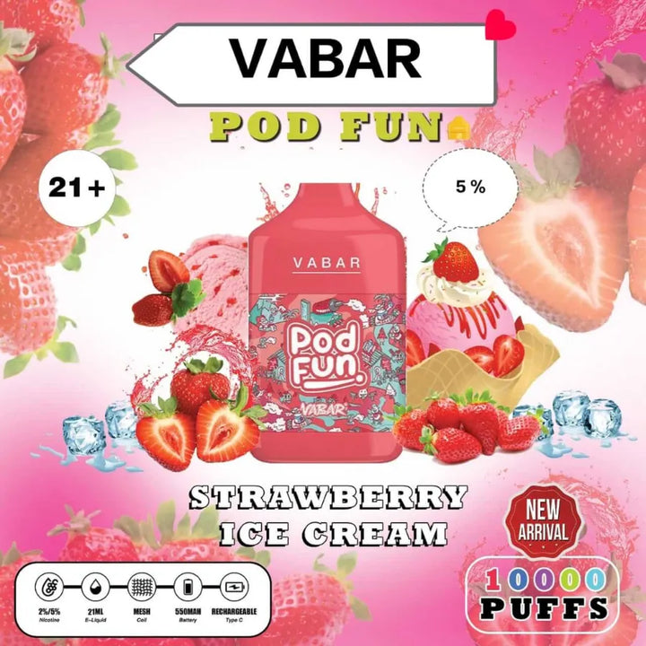 Strawberry Ice Cream - VABAR Pod Fun 10000 Puffs Disposable Rechargeable Vape in Dubai, UAE