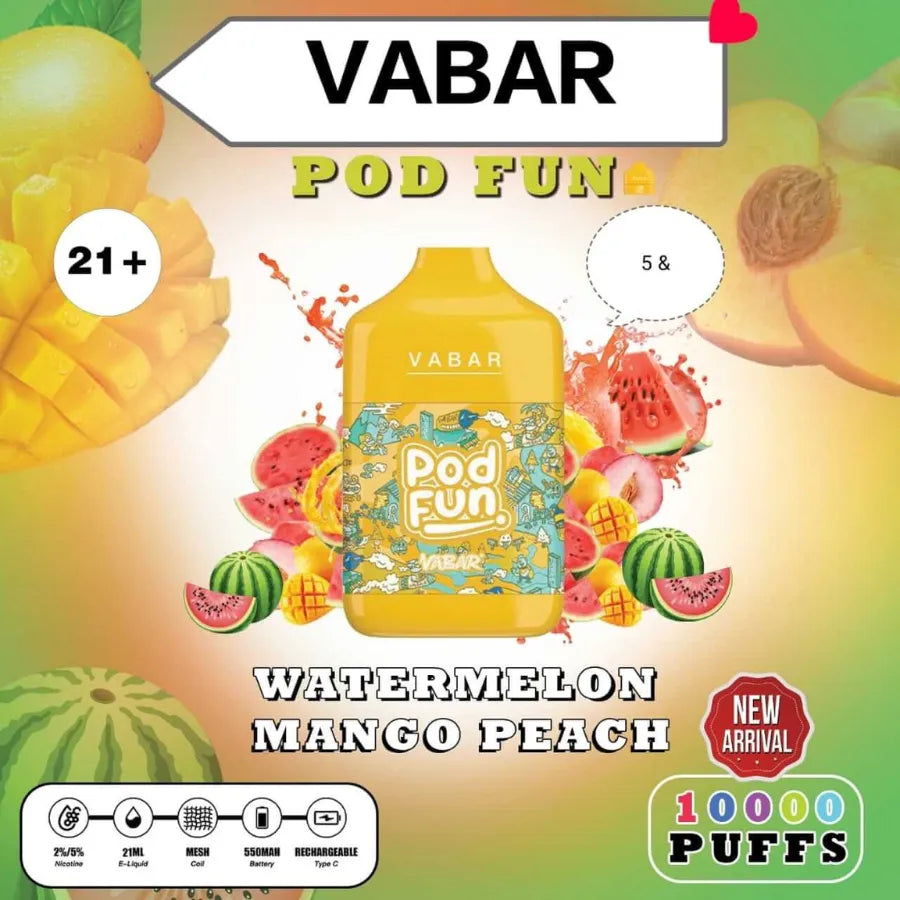 Watermelon mango Peach - VABAR Pod Fun 10000 Puffs Disposable Rechargeable Vape in Dubai, UAE
