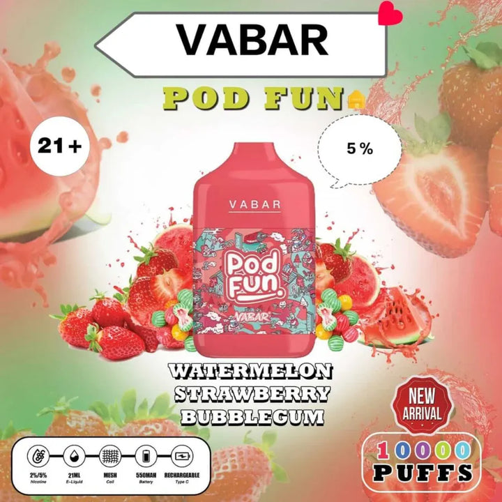Watermelon Strawberry Bubblegum - VABAR Pod Fun 10000 Puffs Disposable Rechargeable Vape in Dubai, UAE