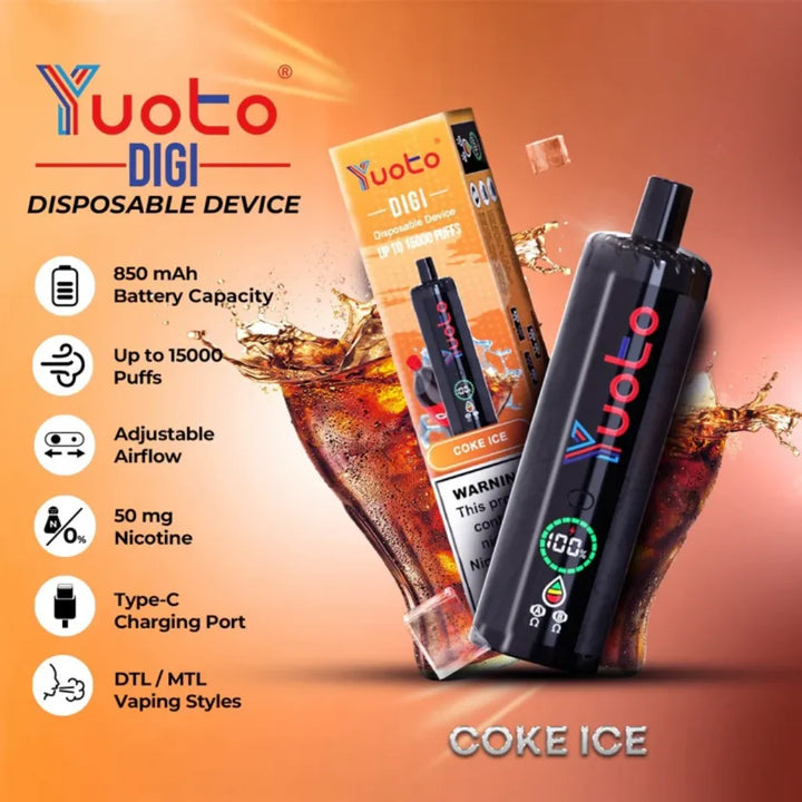 YUOTO Digi 15000 Puffs Coke Ice  Disposable 50mg Rechargeable Vape in Dubai, UAE