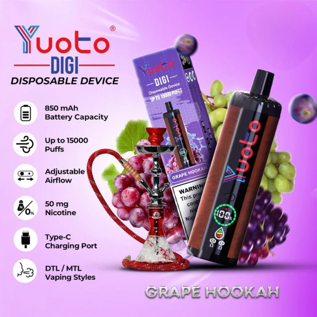 YUOTO Digi 15000 Puffs Grape Hookah Disposable 50mg Rechargeable Vape in Dubai, UAE