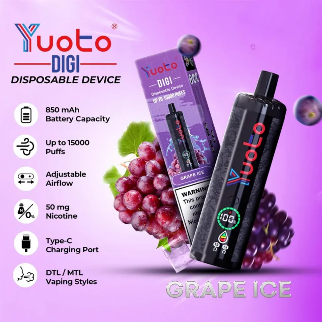 YUOTO Digi 15000 Puffs Grape Ice Disposable 50mg Rechargeable Vape in Dubai, UAE