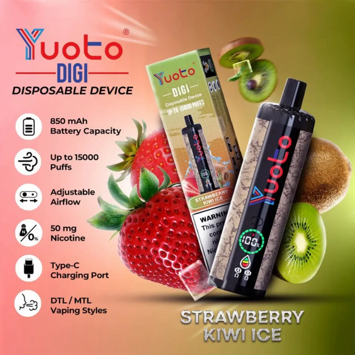 YUOTO Digi 15000 Puffs Strawberry Kiwi Ice Disposable 50mg Rechargeable Vape in Dubai, UAE