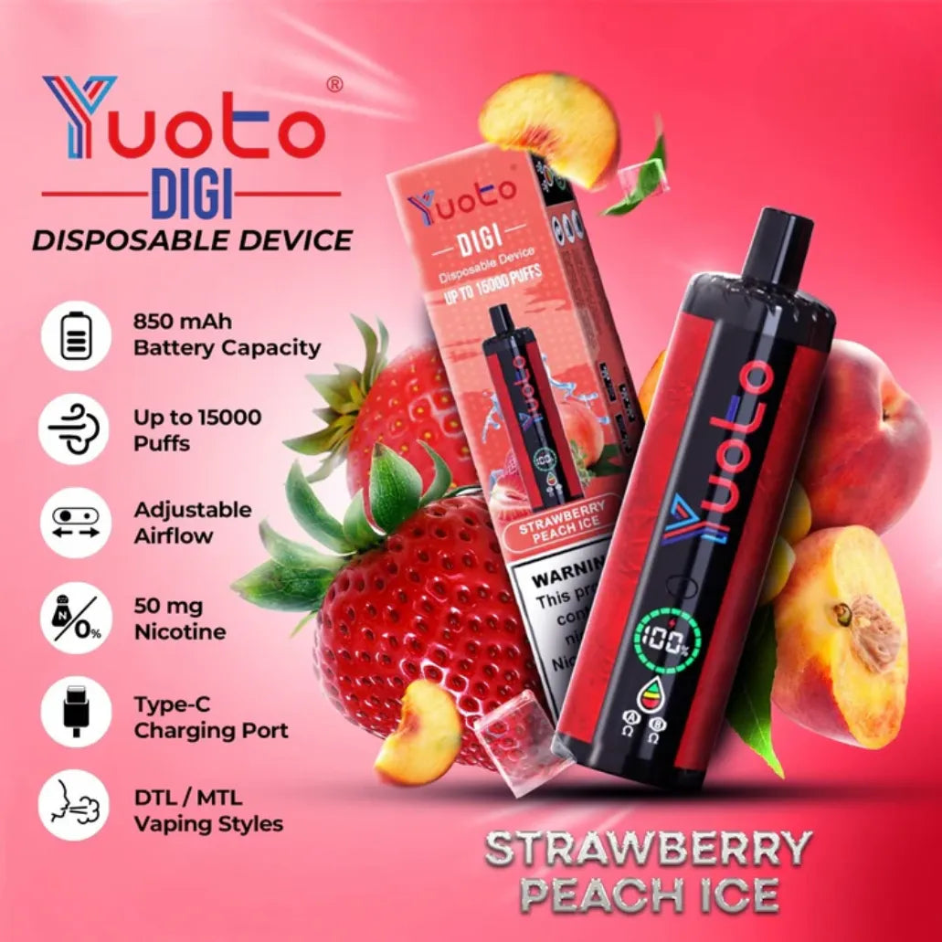 YUOTO Digi 15000 Puffs Strawberry Peach Ice Disposable 50mg Rechargeable Vape in Dubai, UAE