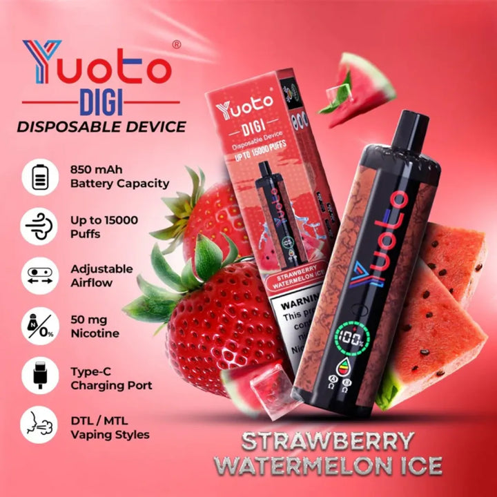 YUOTO Digi 15000 Puffs Strawberry Watermelon Ice Disposable 50mg Rechargeable Vape in Dubai, UAE