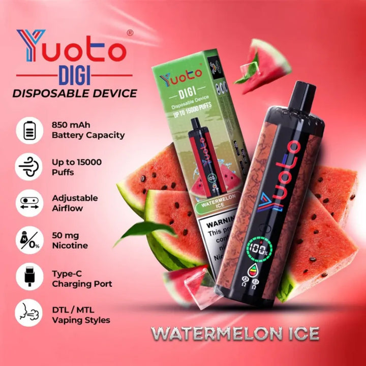 YUOTO Digi 15000 Puffs Watermelon Ice Disposable 50mg Rechargeable Vape in Dubai, UAE
