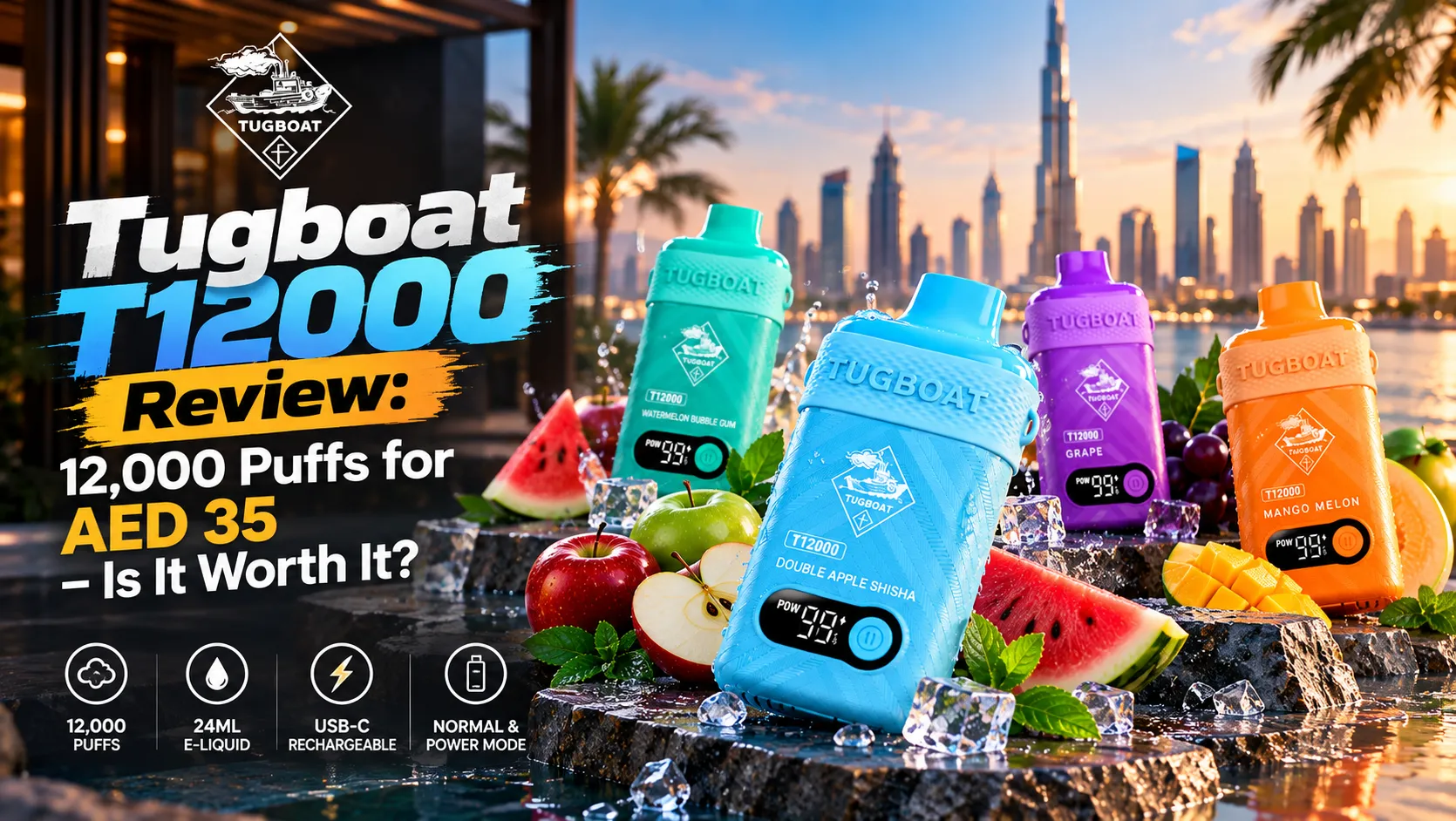 Tugboat T12000 review banner showing four flavours against the Dubai skyline, with the AED 35 price and 12,000-puff rating.